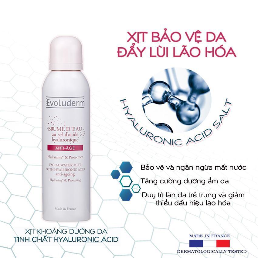 Xịt khoáng Evoluderm giúp ngăn ngừa lão hóa dưỡng ẩm và bảo vệ da tinh chất Hyaluronic Acid Salt 150ml