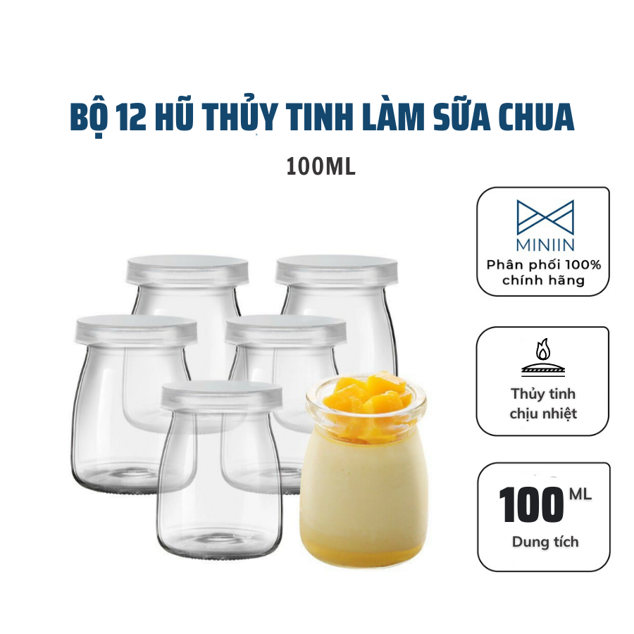 Bộ 12 Hũ Thủy Tinh Sọc Làm Sữa Chua 100ml, Hũ Lọ Yaourt, Lọ Pudding, Hủ Làm Sữa Chua, Caramen- Có Nắp Đậy- Hàng Chính Hãng MINIIN