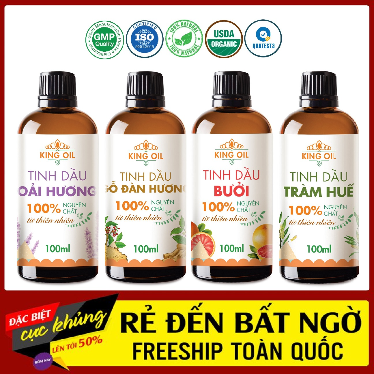Tinh dầu thiên nhiên 100ml Sả Chanh/ Bạc Hà/ Quế/ Lavender/ Bưởi/ Cam/ Hoa Lài/ Quýt/ Tràm Trà/ Tràm Huế/ Gừng/ hoa Hồng/ Oải Hương/ Trà Xanh/ Hoa Hồng/ Ngọc Lan Tây