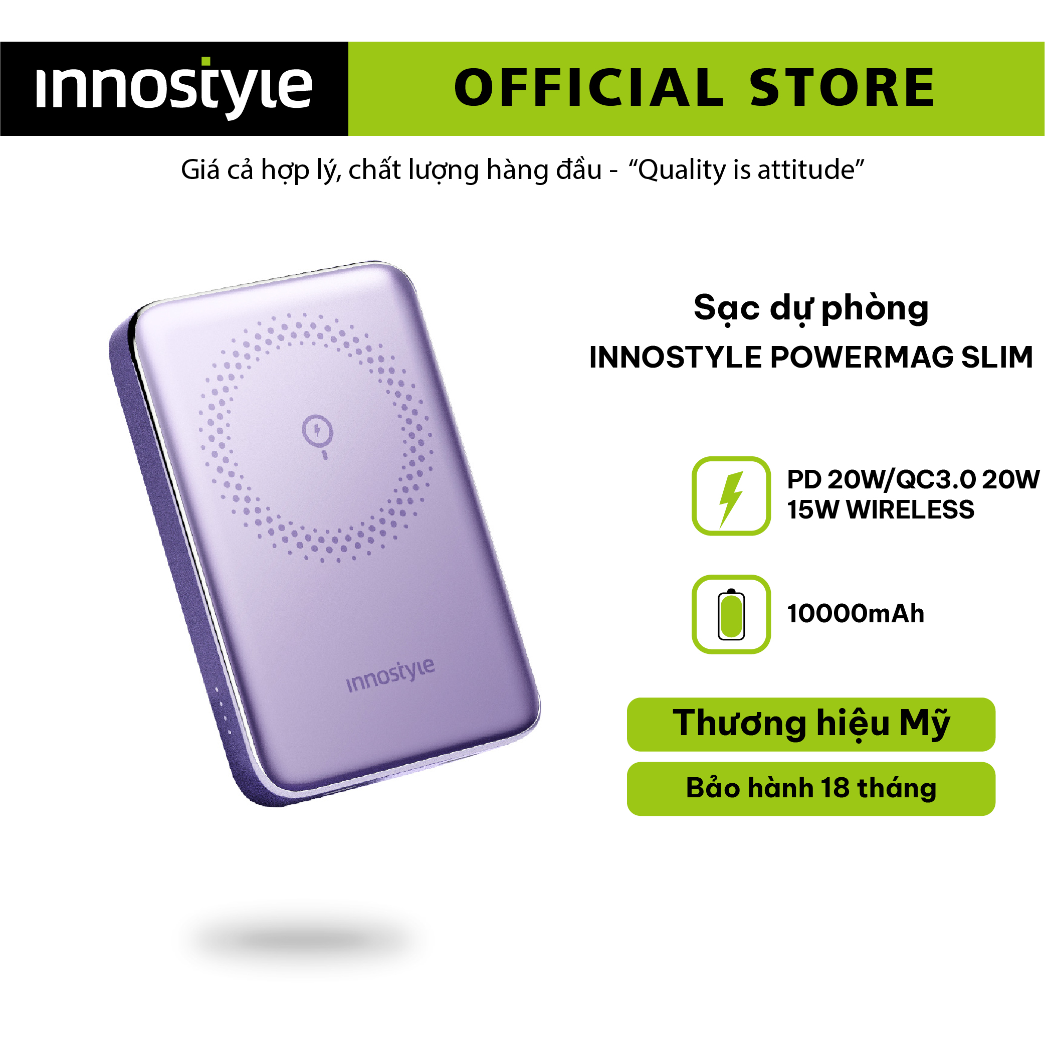 SẠC DỰ PHÒNG HÍT TỪ TÍNH CHO IPHONE 14 I 13 I 12 INNOSTYLE POWERMAG SLIM 15W (WIRELESS) PD/QC3.0 20W 10000MAH IM20PD - HÀNG CHÍNH HÃNG