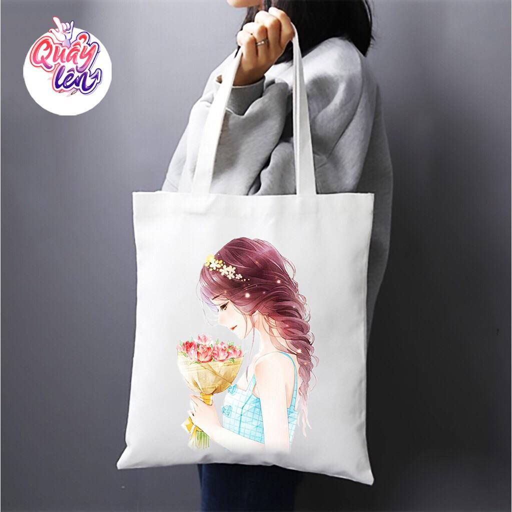 Túi tote vải canvas họa tiết cô gái dễ thương có khóa miệng