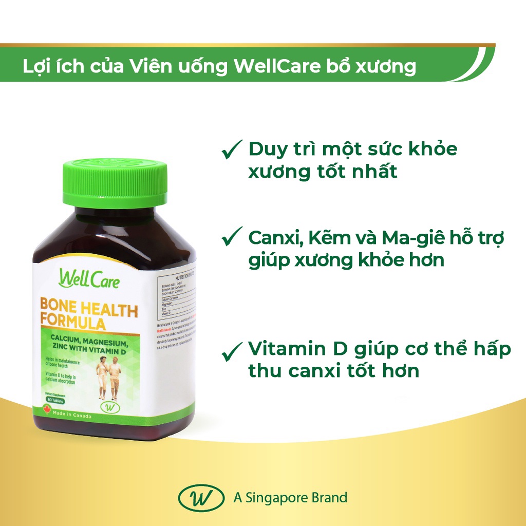 Viên uống bổ xương WellCare hỗ trợ cho xương chắc khỏe, phòng ngừa loãng xương với các thành phần từ Canxi, Magiê, Kẽm và Vitamin D (60 Viên/hũ) 