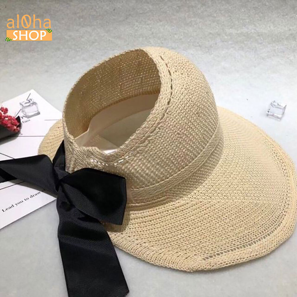 Nón cói vành rộng - Mũ cói mềm hở chóp nơ sau chống nắng, đi biển - al0ha Shop