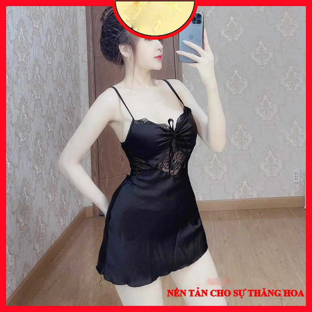 Đầm ngủ dễ thương 2 dây chất satin phối ren, có tăng đơ, kèm quần D11