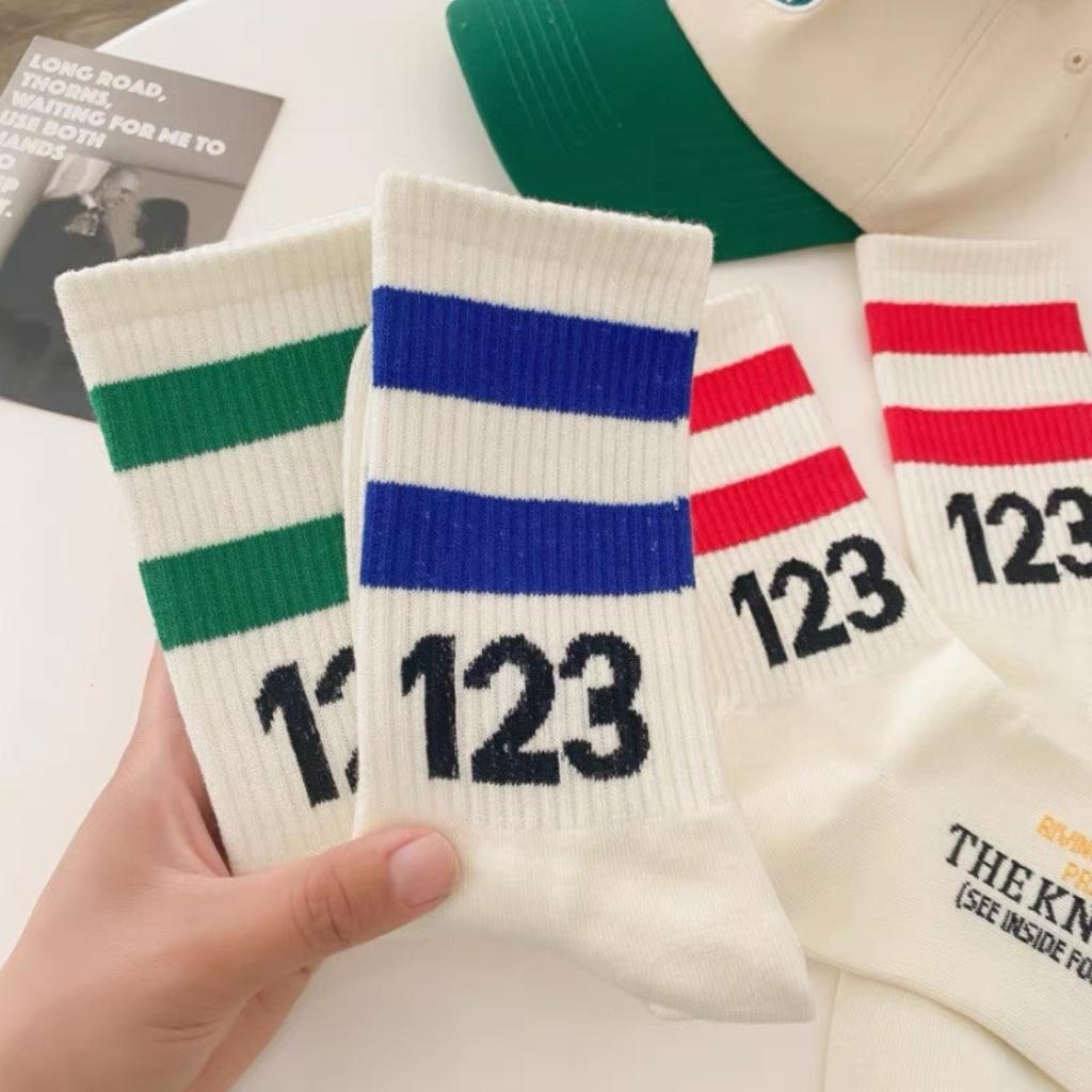 Sét 10 đôi vớ tất unisex cho nam và nữ phong cách thể thao trẻ trung, năng động in chữ 123 cổ viền kẻ sọc, thiết kế cổ cao giữ ấm chân mùa thu đông - Vớ thể thao, tất đá bóng