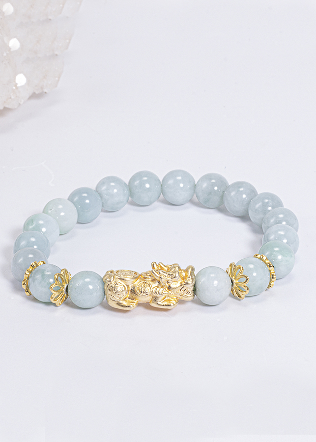 Vòng Tay Phong Thủy Nữ Đá Cẩm Thạch Phỉ Thúy Phối Charm Tỳ Hưu Mạ Vàng 24K Mệnh Mộc, Hỏa Ngọc Quý Gemstones