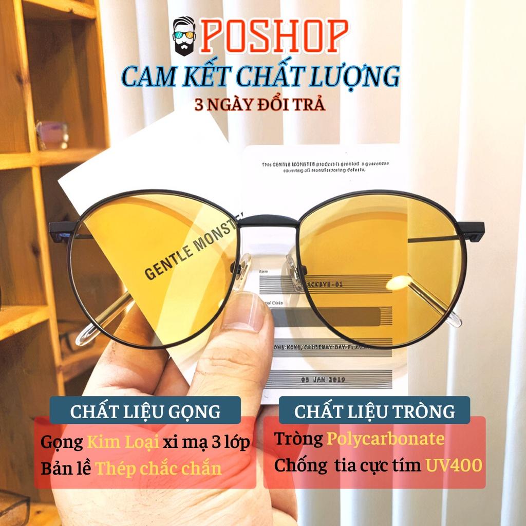 Mắt kính nam nữ POSHOP chống UV400 thiết kế mắt tròn oval gọng kim loại dễ đeo màu vàng thời trang đi đêm Baguette