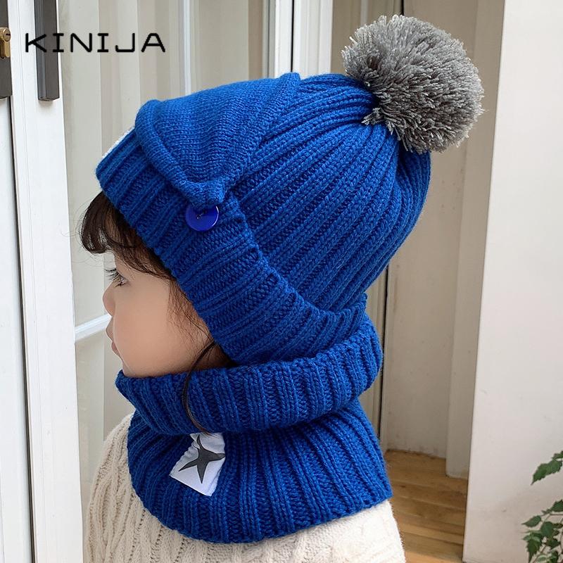 3 Mùa Đông Cho Bé Skullies Bò Mũ Khăn Miệng Mặt Nạ Dệt Kim Trang Trượt Tuyết Ngoài Trời Mũ Pompom Bé Gái Bé Trai Trẻ Em Mặt giữ Ấm Bộ