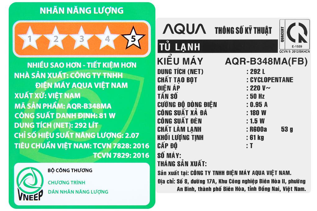 Tủ lạnh Aqua Inverter 292 lít AQR-B348MA(FB) - Hàng chính hãng - Giao toàn quốc