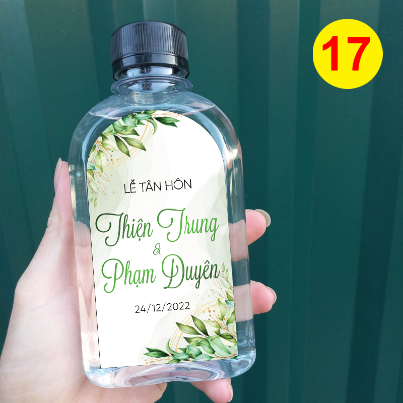 Decal nhãn dán chai nước đám cưới - chai dẹp MS 17