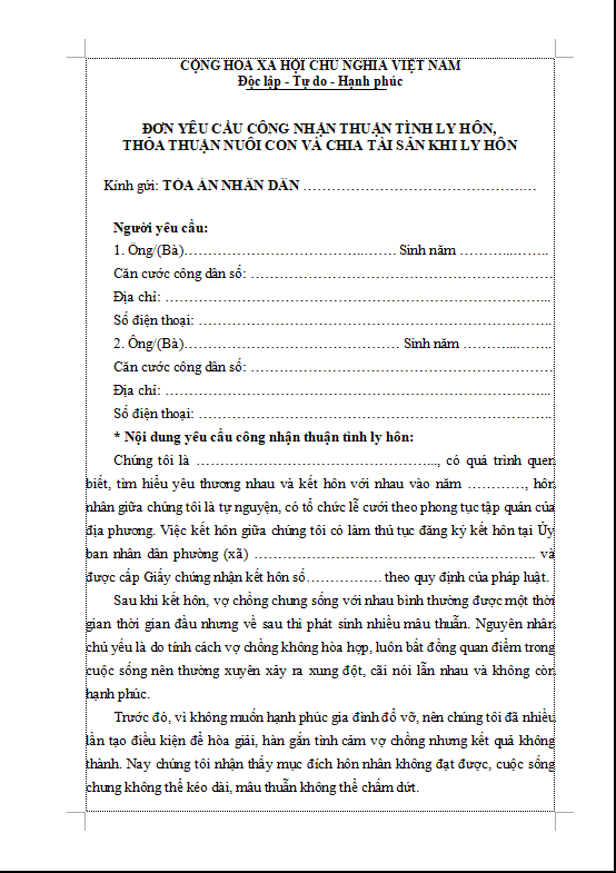 Combo 04 đơn ly hôn đơn phương và thuận tình 2024