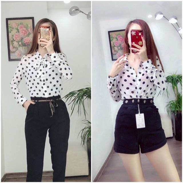 Sơ mi chấm bi cổ nơ và cổ đức dài tay siêu hót SMCC26