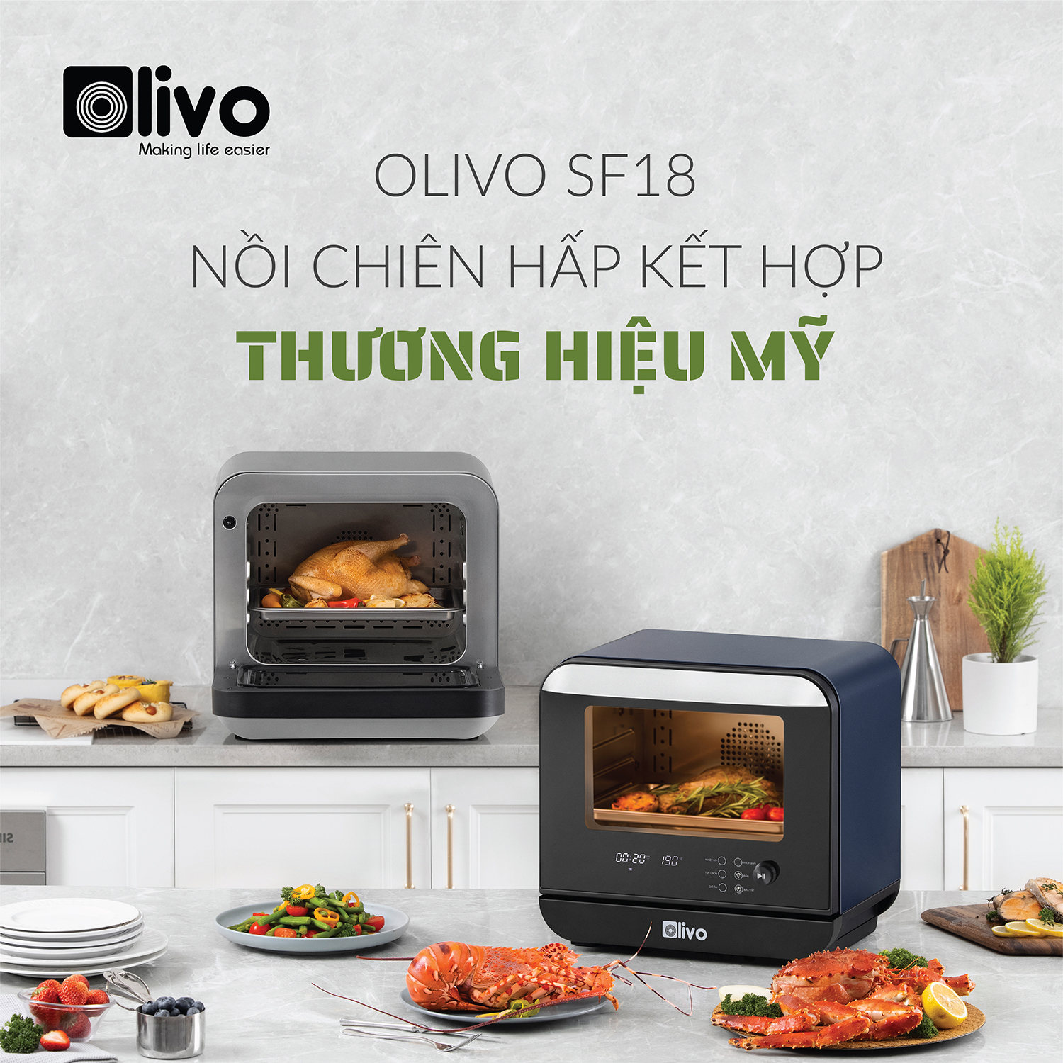 Nồi Chiên Hơi Nước OLIVO SF18 - 50 Chức Năng - Dung Tích 18L - Công Suất 2450W - Hàng Chính Hãng