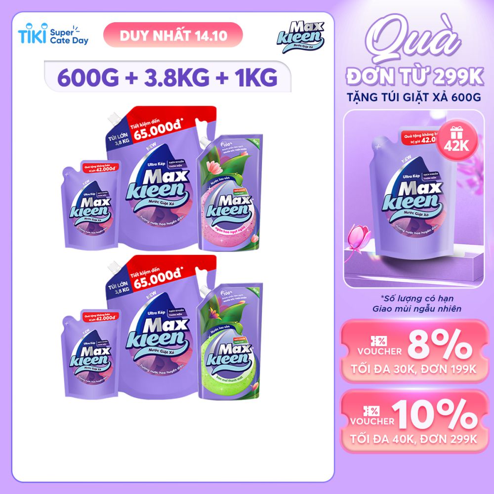 CB túi nước giặt xả MaxKleen hương huyền diệu 3.8kg + 600g &amp; túi nước lau sàn 1KG