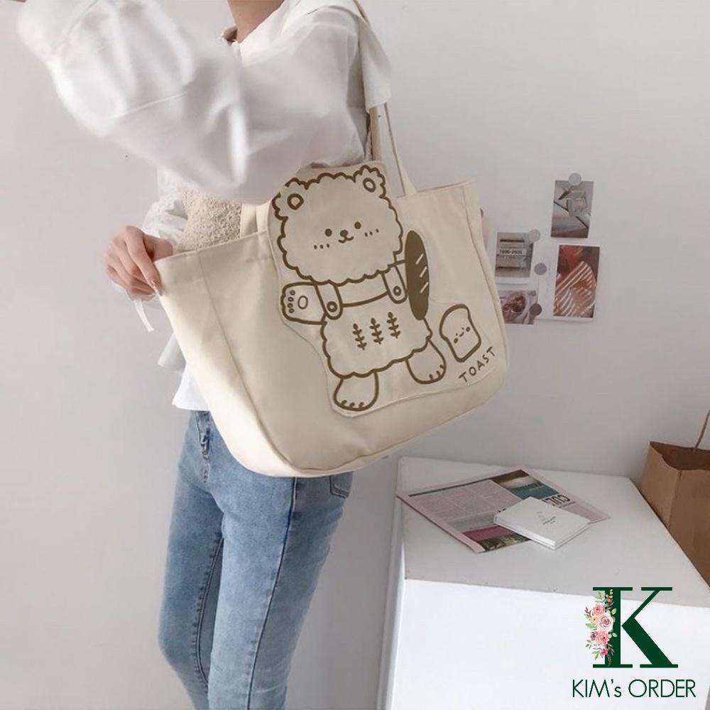 Túi tote túi vải canvas hình gấu phong cách Hàn Quốc, có khóa miệng tiện dụng, đi học đi chơi đi làm cute dễ thương