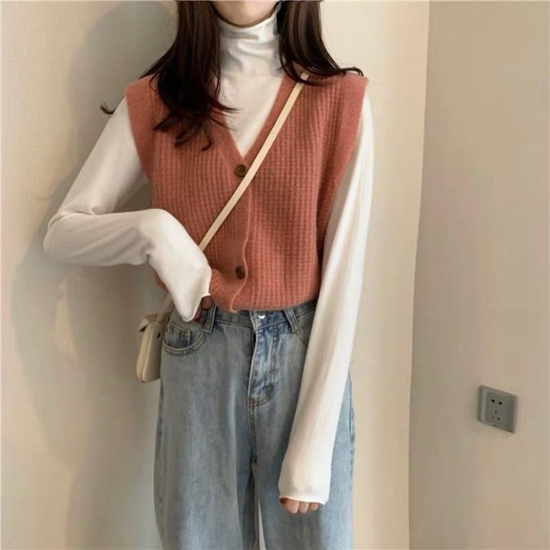 Áo gile len hạt cổ V đóng cúc Ulzzang style Hàng Quảng Châu