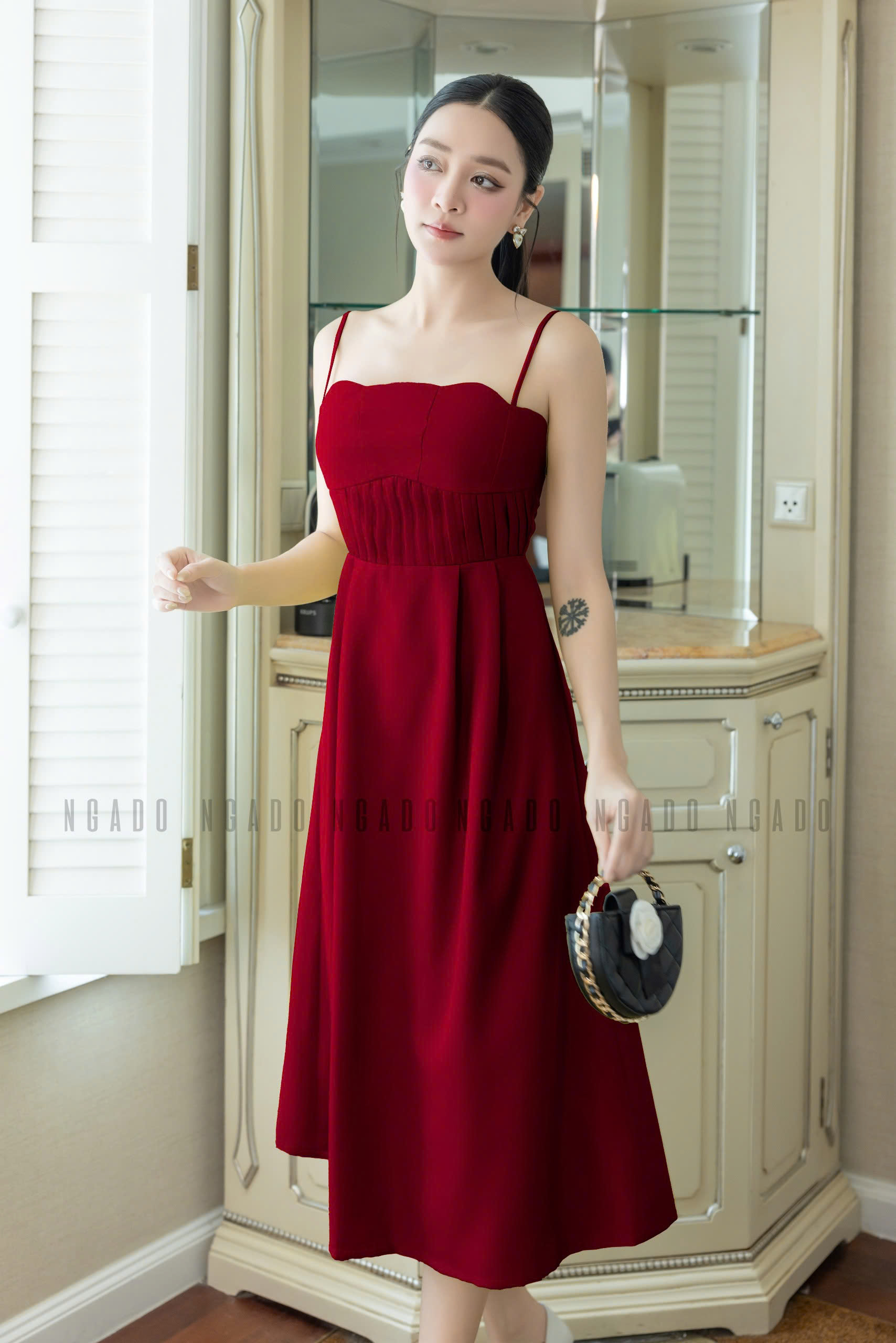Đầm đỏ hai dây xếp ly ngực NGADO , đầm hai dây , đầm Nữ , đầm dự tiệc
