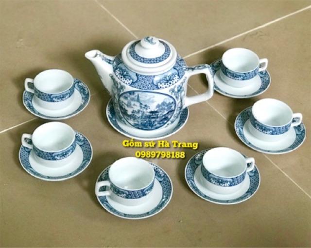 Ấm chén Bát Tràng men trắng có hoạ tiết