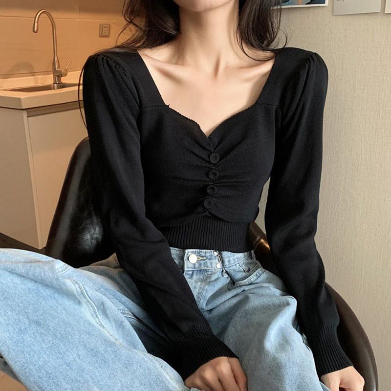 Áo Thun Dệt Kim Tay Dài Thiết Kế Cổ Chữ V Màu Trơn Thanh Lịch