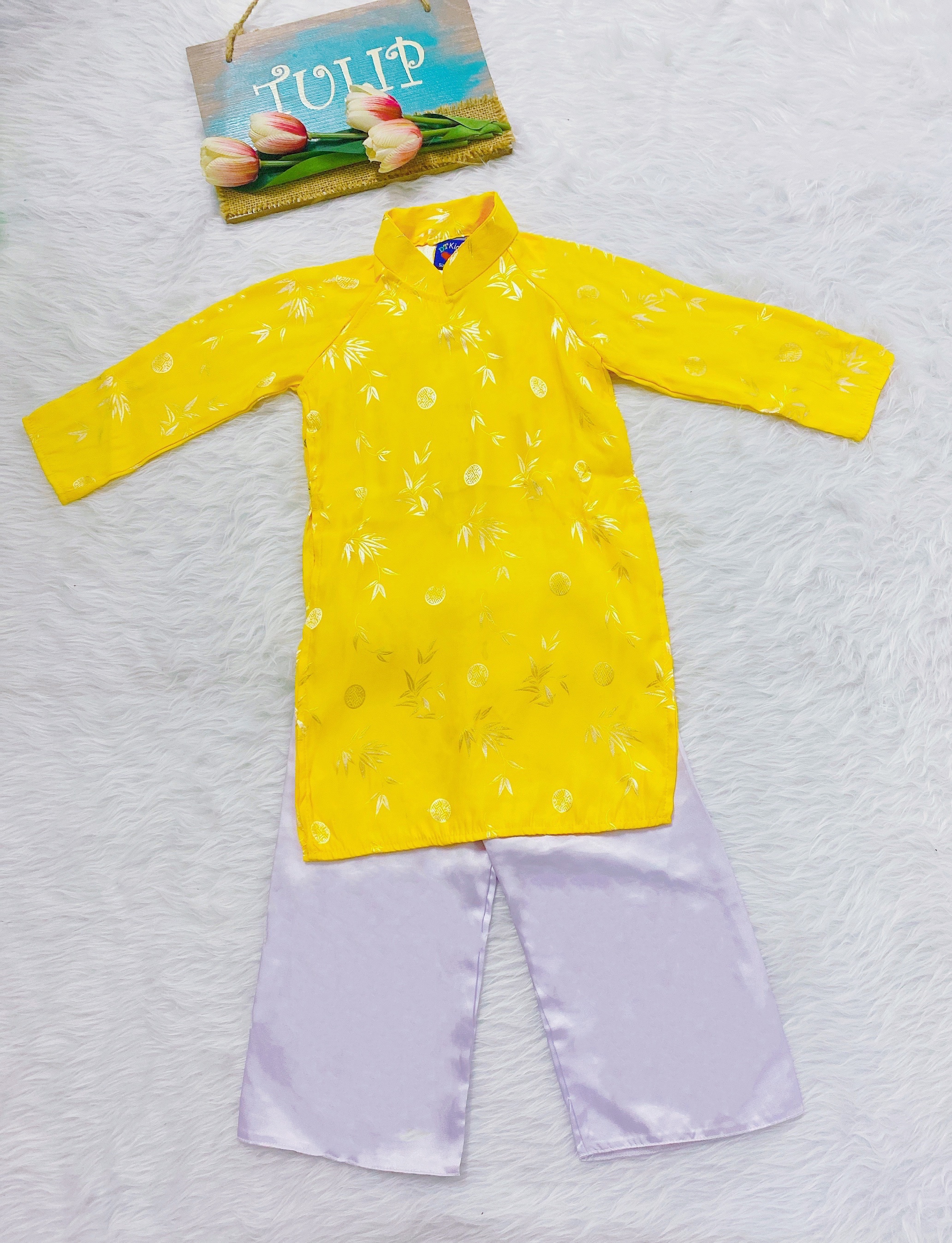 Áo Dài Bé Gái Size 10-17kg Vàng Kèm Quần Lụa, Truyền Thống✨