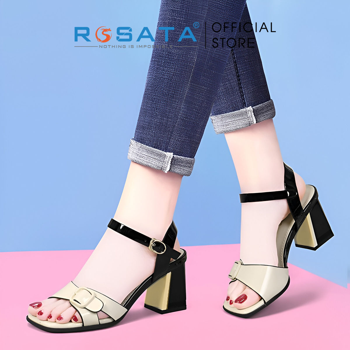 Giày sandal cao gót nữ đế vuông 5p ROSATA RO652 mũi hở quai hậu cài khóa