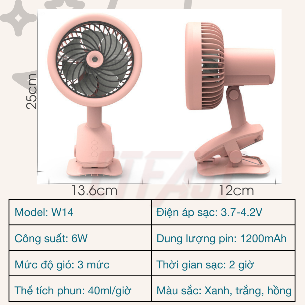 Quạt mini để bàn CTFAST W14 : Quạt tích điện cầm tay dạng kẹp tùy chỉnh 3 tốc độ gió, thiết kế 2 trong 1 kết hợp  làm mát, không gây ồn, túp năng quay điều chỉnh hướng gió 360 độ - Hàng chính hãng