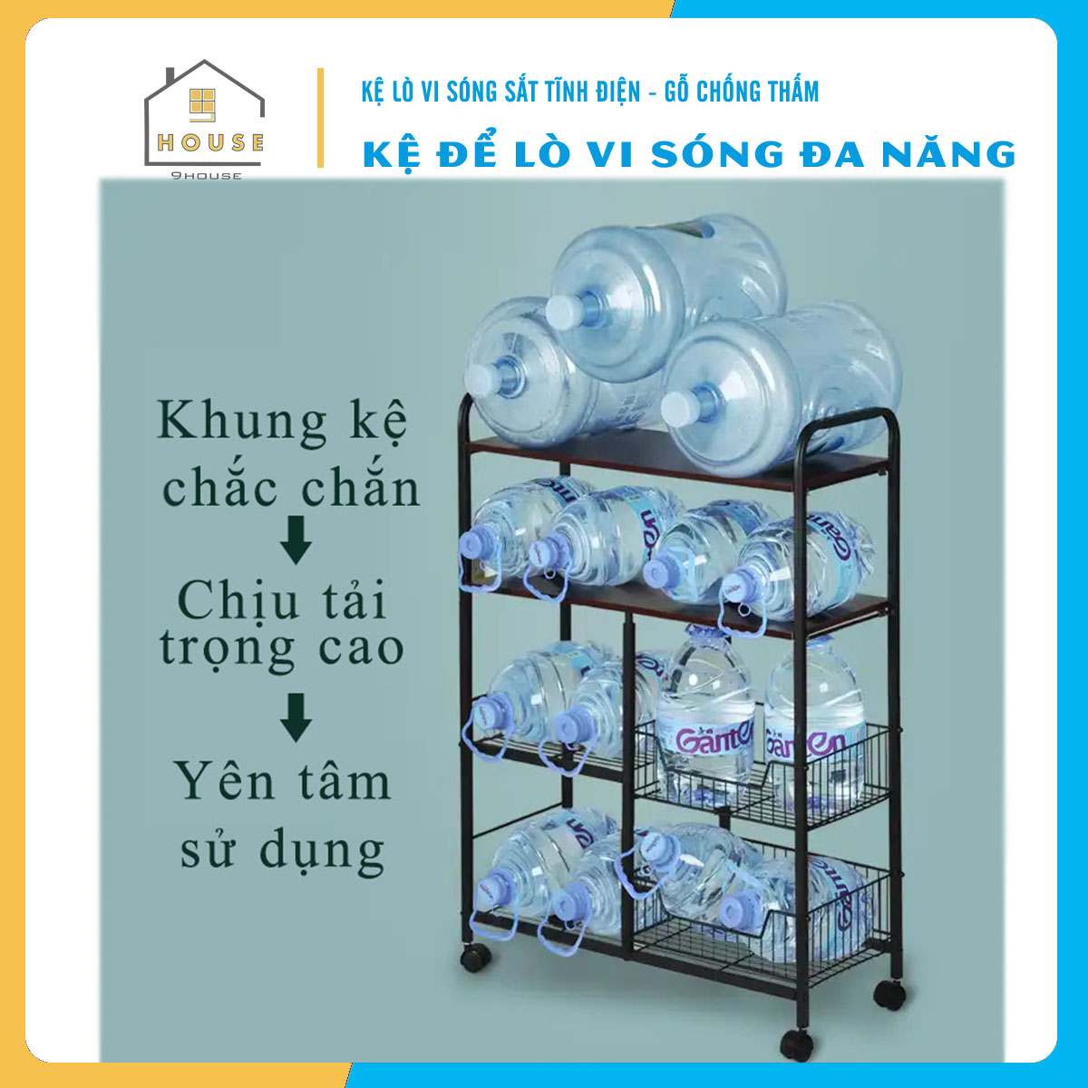 Kệ lò vi sóng đa năng 179-2 thương hiệu 9House kệ bếp để lò nướng nồi cơm điện kèm giá rổ để rau củ gia vị loại khung sắt dày sơn tĩnh điện chống rỉ mặt gỗ MDF lõi xanh chống ẩm bề mặt phủ melamine chống thấm cao cấp - Hàng chính hãng