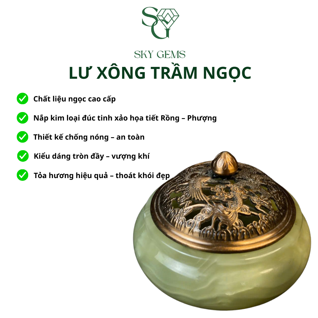 Lư Xông Trầm Ngọc Onyx Xanh và Trắng – Cao 7cm, Đường Kính 10cm – Khói Đẹp, Bền, Sang Trọng