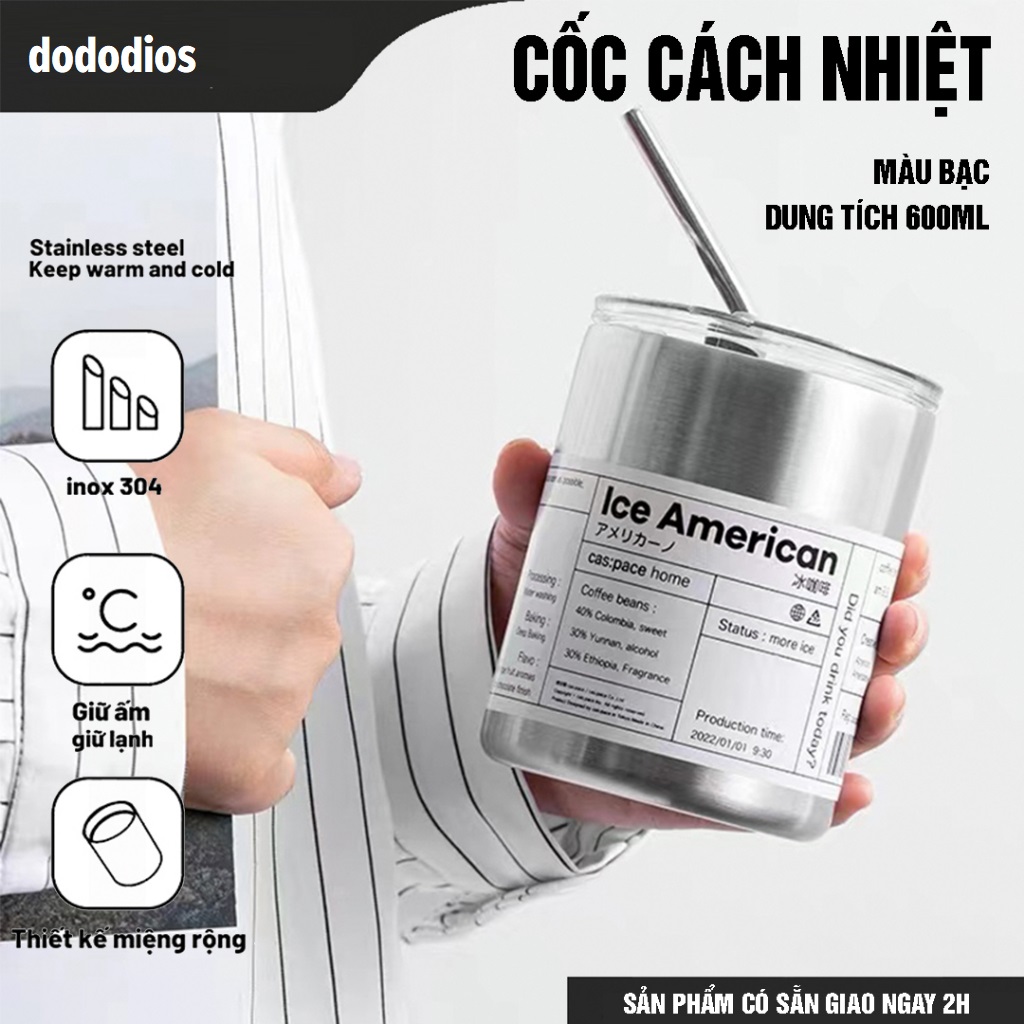 Bình đựng nước dododios - Ly giữ nhiệt Iced Americano inox 304 cao cấp không gỉ uống cà phê dùng văn phòng, Ly Giữ Nhiệt Iced Americano Inox 304 Cao Cấp Không Gỉ Cốc Uống Nước Giữ Nhiệt Tặng Kèm Ống Hút Siêu Tiện Lợi - Hàng chính hãng dododios