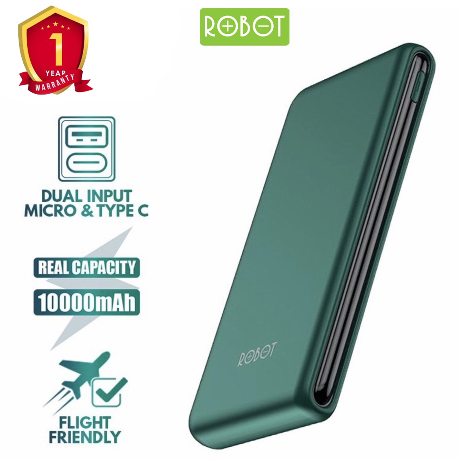 Pin Sạc Dự Phòng ROBOT RT180 10000mAh Thiết Kế Nhỏ Gọn 1 Cổng USB Và 1 Cổng Micro/Type-C - Hàng Chính Hãng