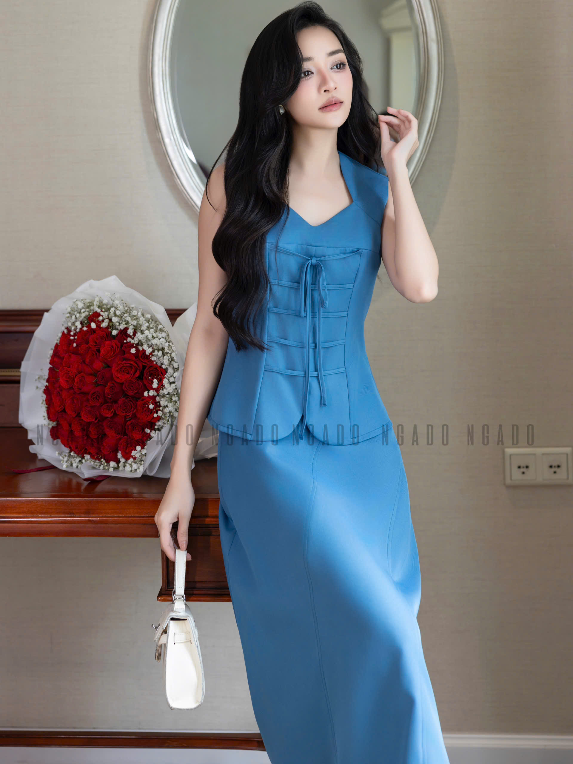 Set áo váy xanh sát nách NGADO , set áo váy , set dự tiệc , công sở