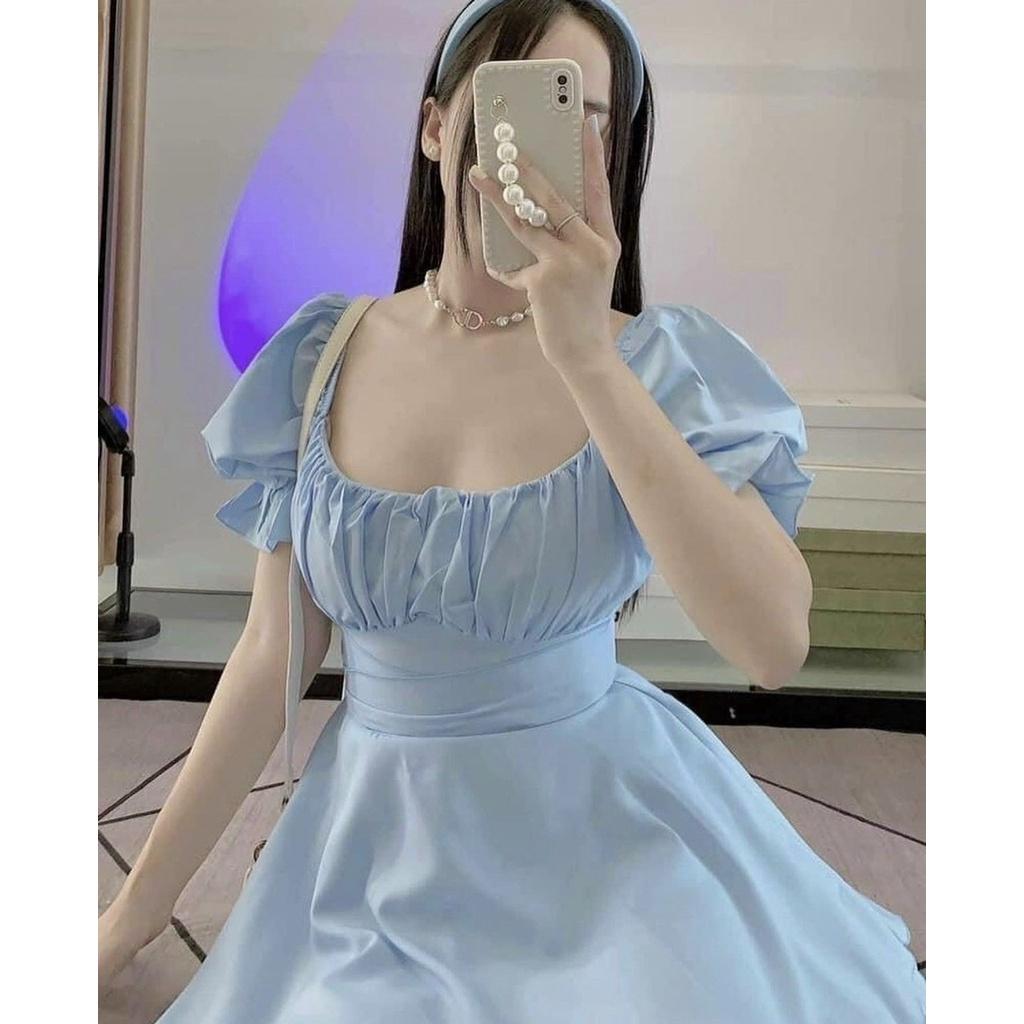 Váy đầm xoè tay phồng cột nơ, jumsuit cổ vuông thắt eo ba màu LOVI