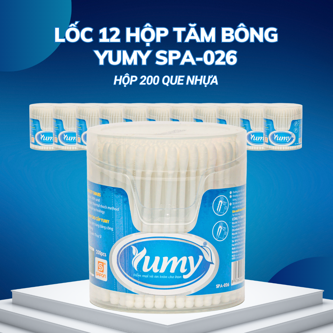 Lốc 12 hộp Tăm bông Yumy người lớn thân nhựa hộp vát 200 que SPA-026