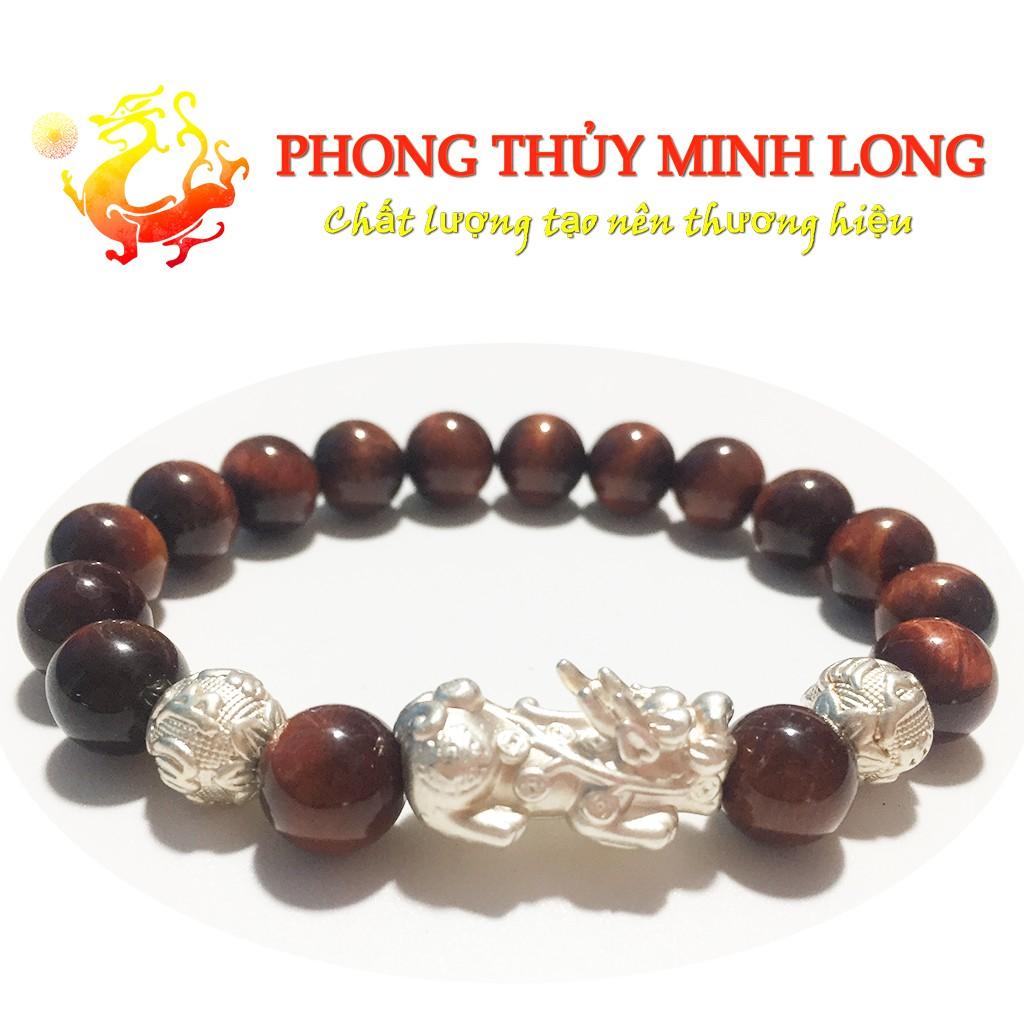 Vòng tay đá mắt hổ Đỏ Nâu chất lượng 5A mix Tỳ Hưu và 2 hạt kim tiền Bạc hợp mệnh Hỏa và Thổ