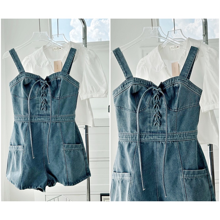 ĐẦM JUMPSUIT GIẢ VÁY NGẮN SET QUẦN YẾM 2 DÂY CỔ U ỐNG RỘNG JEANS DÂY ĐAN NGỰC + ÁO SƠ MI TRẮNG TAY NGẮN ĐI TIỆC DẠO PHỐ ĐI CHƠI