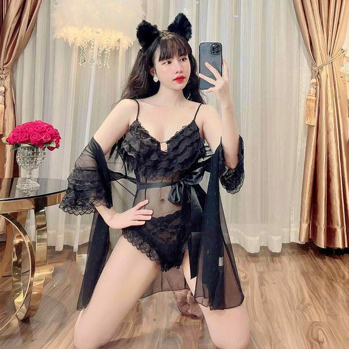 Váy ngủ bodysuit hoa sexy Q67 - Set váy ngủ kèm áo choàng sexy gợi cảm - Đầm ngủ