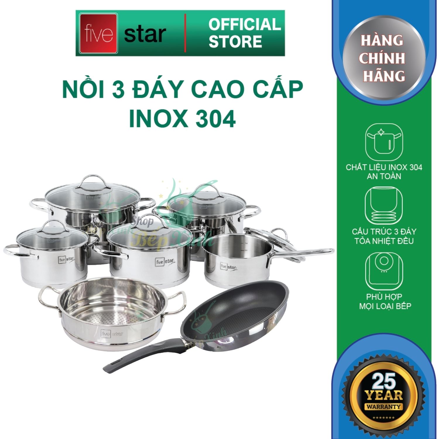 Combo bộ nồi inox quánh xửng chảo chống dính cao cấp FIVESTAR 7 món nắp kính 3 đáy dùng được bếp từ , hồng ngoại , gas