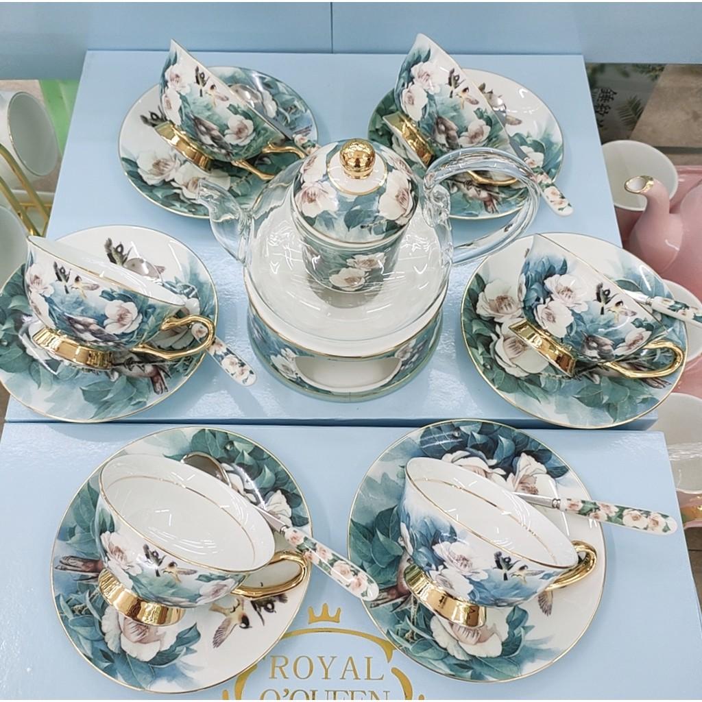 BỘ ẤM CHÉN SỨ XƯƠNG KÈM LÓT TÁCH + BẾP CHÂM TRÀ CHIM HOA XANH VIỀN VÀNG