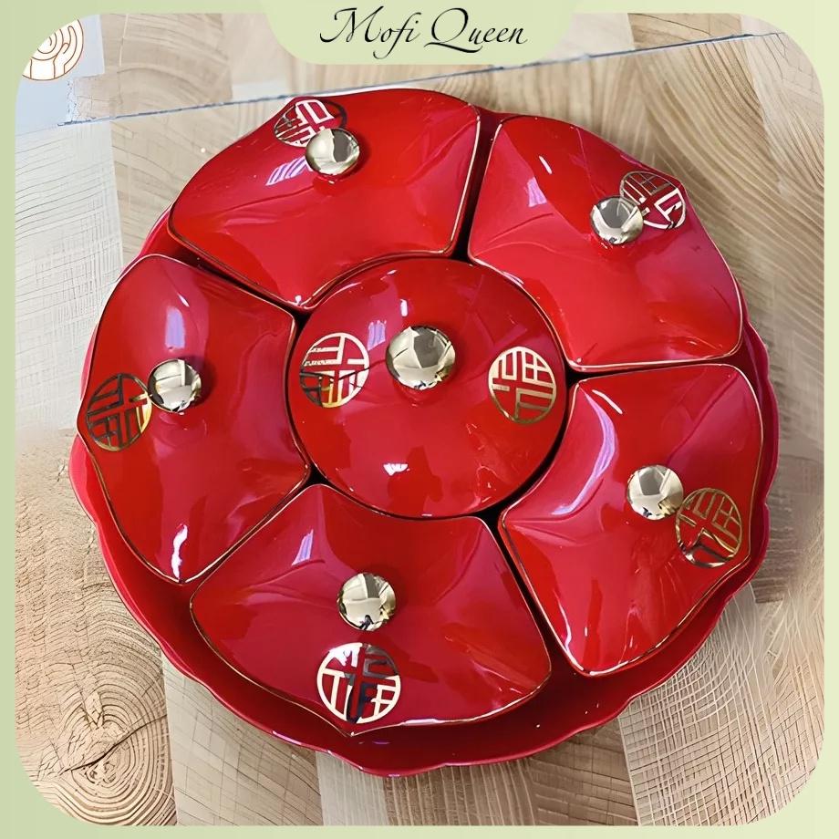 Hộp đựng bánh kẹo tết, khay bánh kẹo tết khay sứ 6 ngăn, thiết kế mẫu màu xanh, hoa văn tinh xảo, đẹp mắt