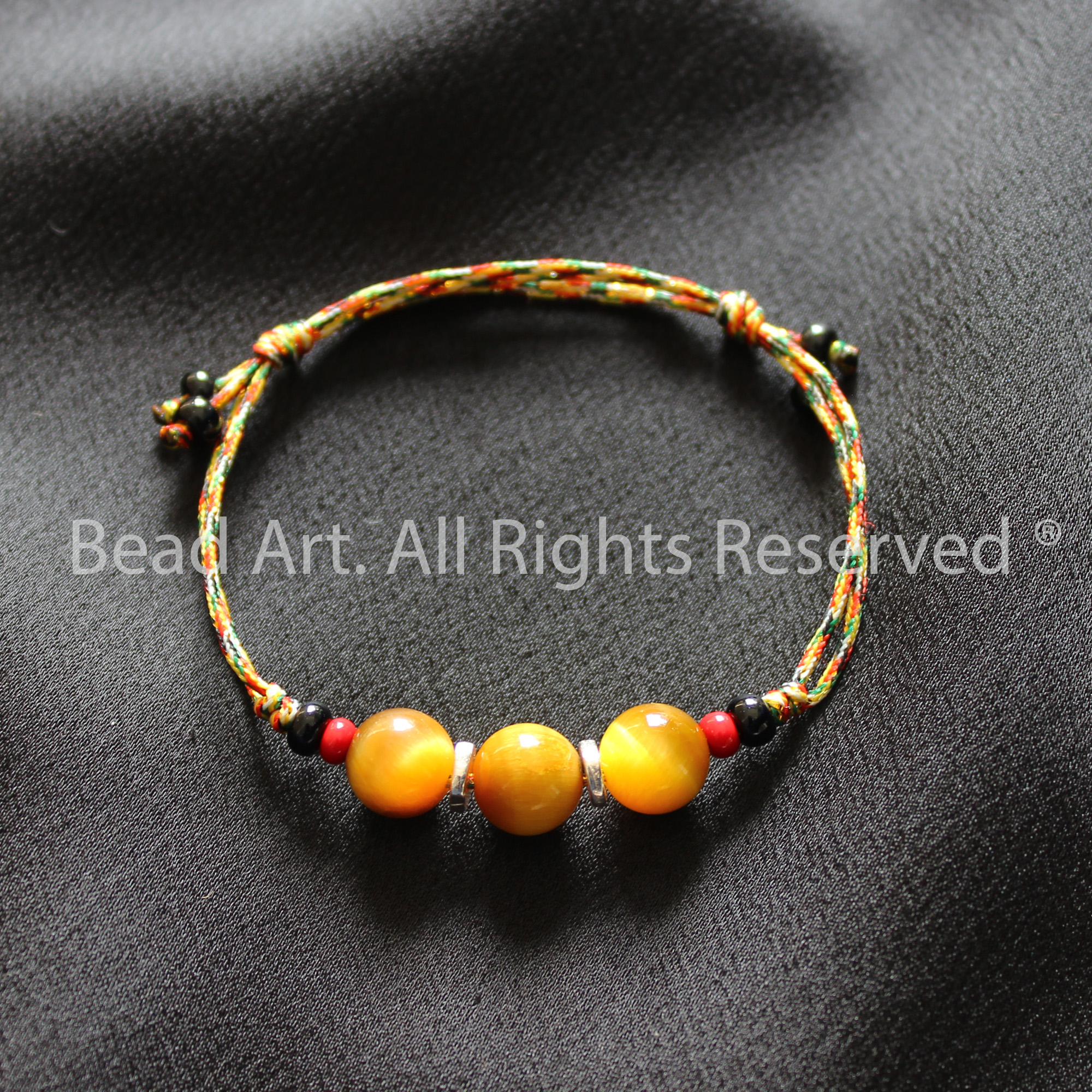 Vòng Tay Ngũ Sắc Thắt Dây Và Đá Mắt Hổ Vàng, Golden Tiger Eye Thiên Nhiên, Vòng Tay Phong Thuỷ, Mệnh Thổ, Kim - Bead Art