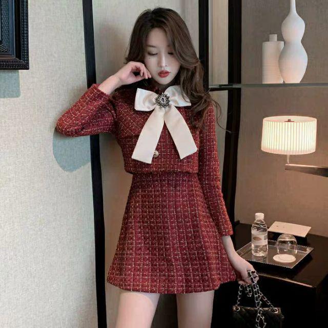 (SẴN) Set áo váy dạ tweed kèm nơ