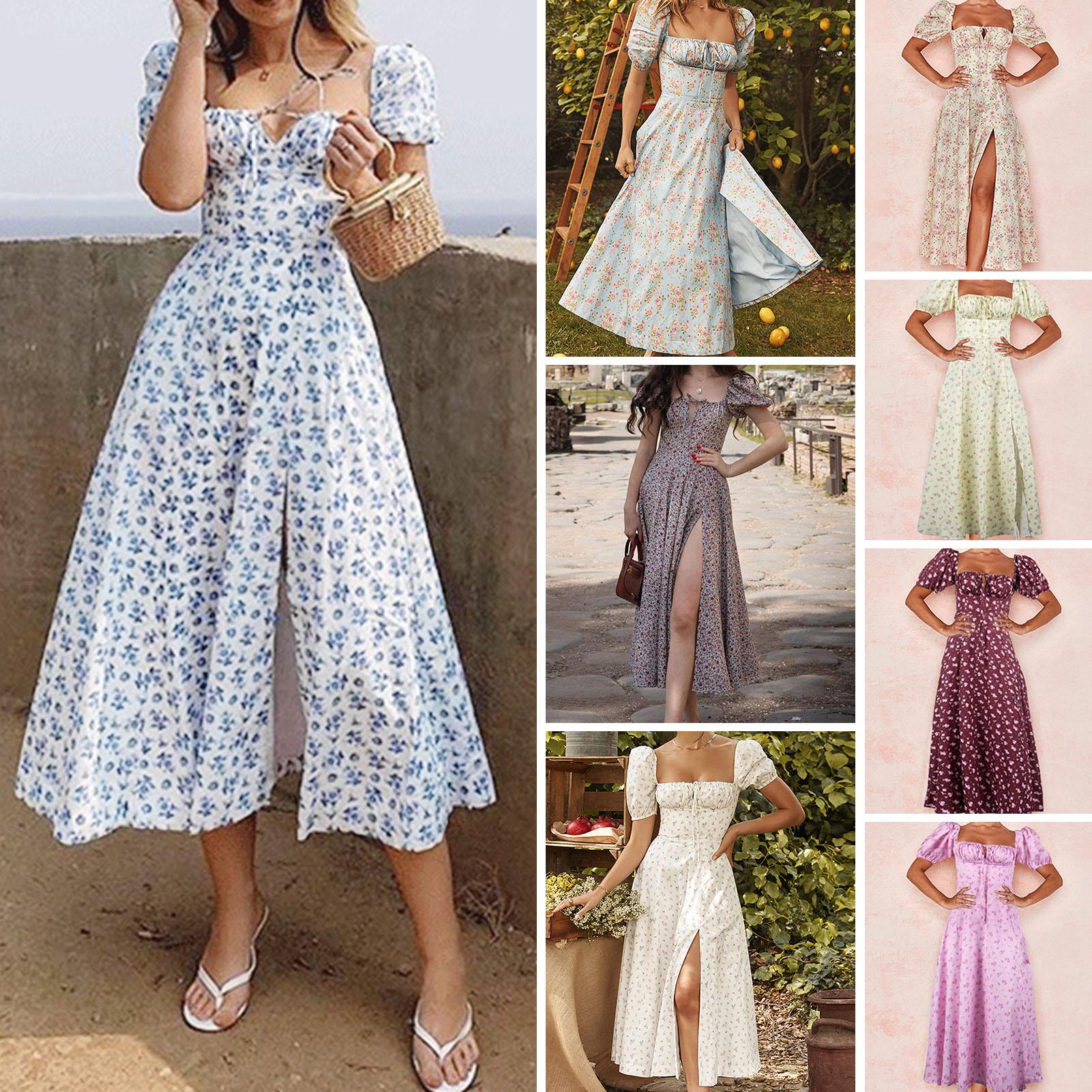 Women Midi Dress Floral Print Puff Sleeve Square Collar Front Drawstring High Split Sexy Bodycon Dress for Beach Party