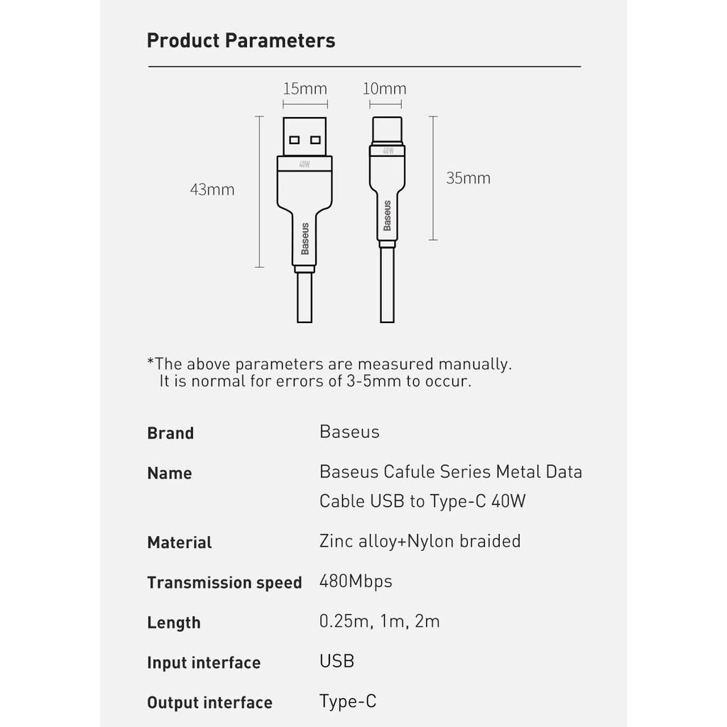 Cáp sạc nhanh và truyền data Baseus Cafule Series Metal USB to TypeC dài 2M, Super QC 40W (Màu Random) - Hàng Chính Hãng