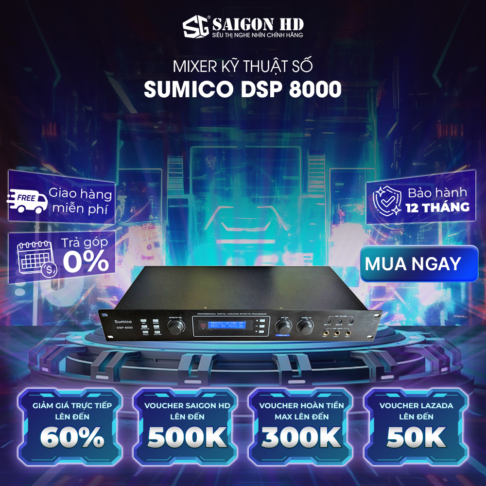 Mixer kỹ thuật số SUMICO DSP 8000 - Hàng chính hãng, giá tốt, 3 đường vào Micro, 2 ngõ ra main bằng cổng balance, EQ 15 band, HPF cắt tần số thấp, chống hú rít