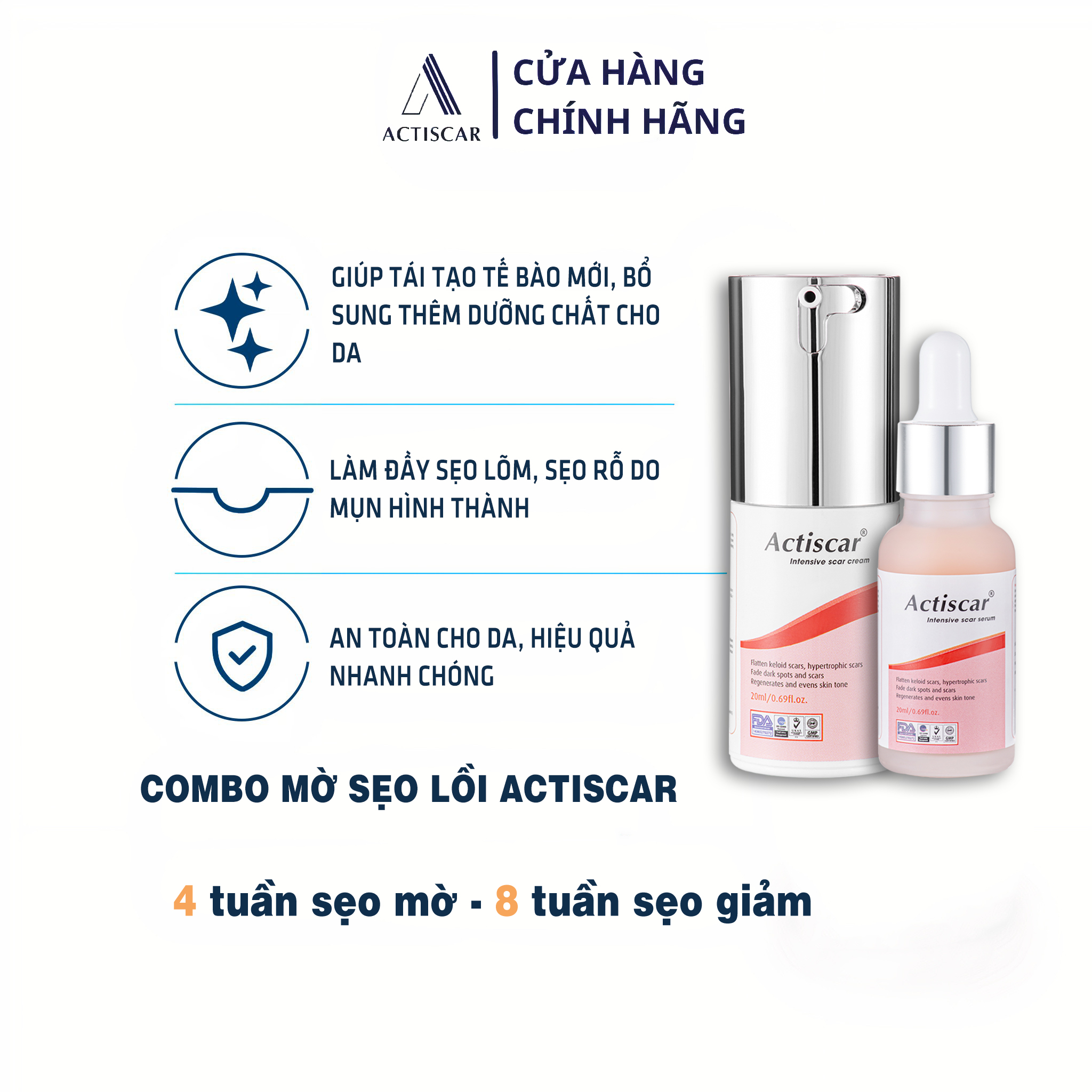 Combo Kem Sẹo và Serum Xóa Sẹo Lồi To, Sẹo Phì Đại Actiscar ( Màu Đỏ)