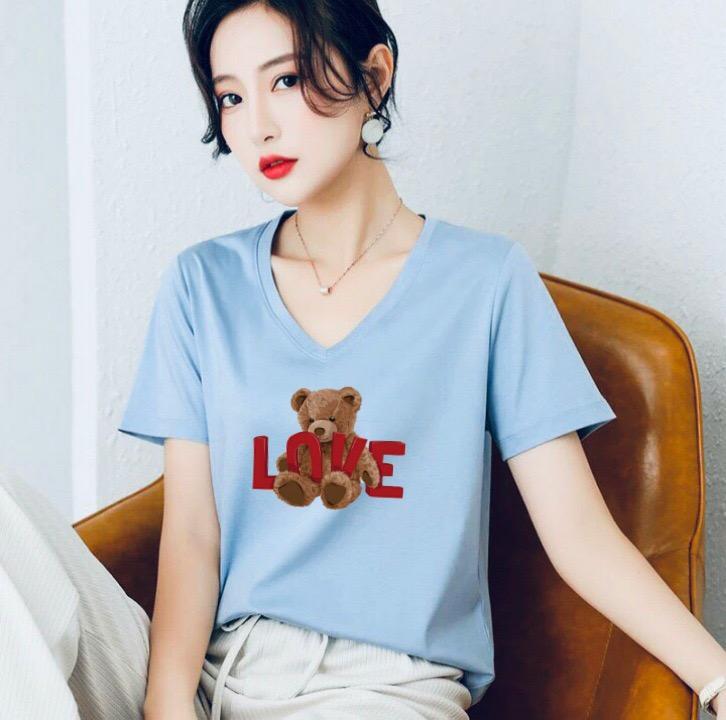 Áo thun nữ MXM cổ tim form rộng in hình gấu chữ Love thun cotton 4 chiều từ 45-60kg ( ANU079 )