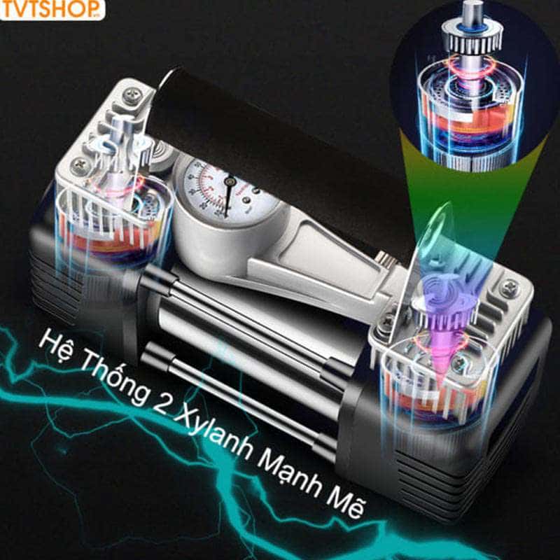 Bộ Máy Bơm Ô Tô 2 Xi Lanh Cao Cấp , Công Nghệ Nhật Bản Đồng Hồ Cơ /Đồng Hồ Điện Tử Tự Ngắt Và Đèn Chiếu Sáng Kèm Hộp Dụng Cụ
