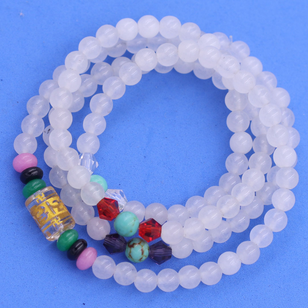Vòng chuỗi 108 hạt đá thạch anh trắng 6 ly charm lục tự kim ngôn, vòng chuỗi niệm Phật, vòng chuỗi đeo tay