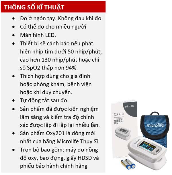 Máy Đo Nồng Độ Oxy SPO2 Và Nhịp Tim Microlife Oxy 210 (OLED)