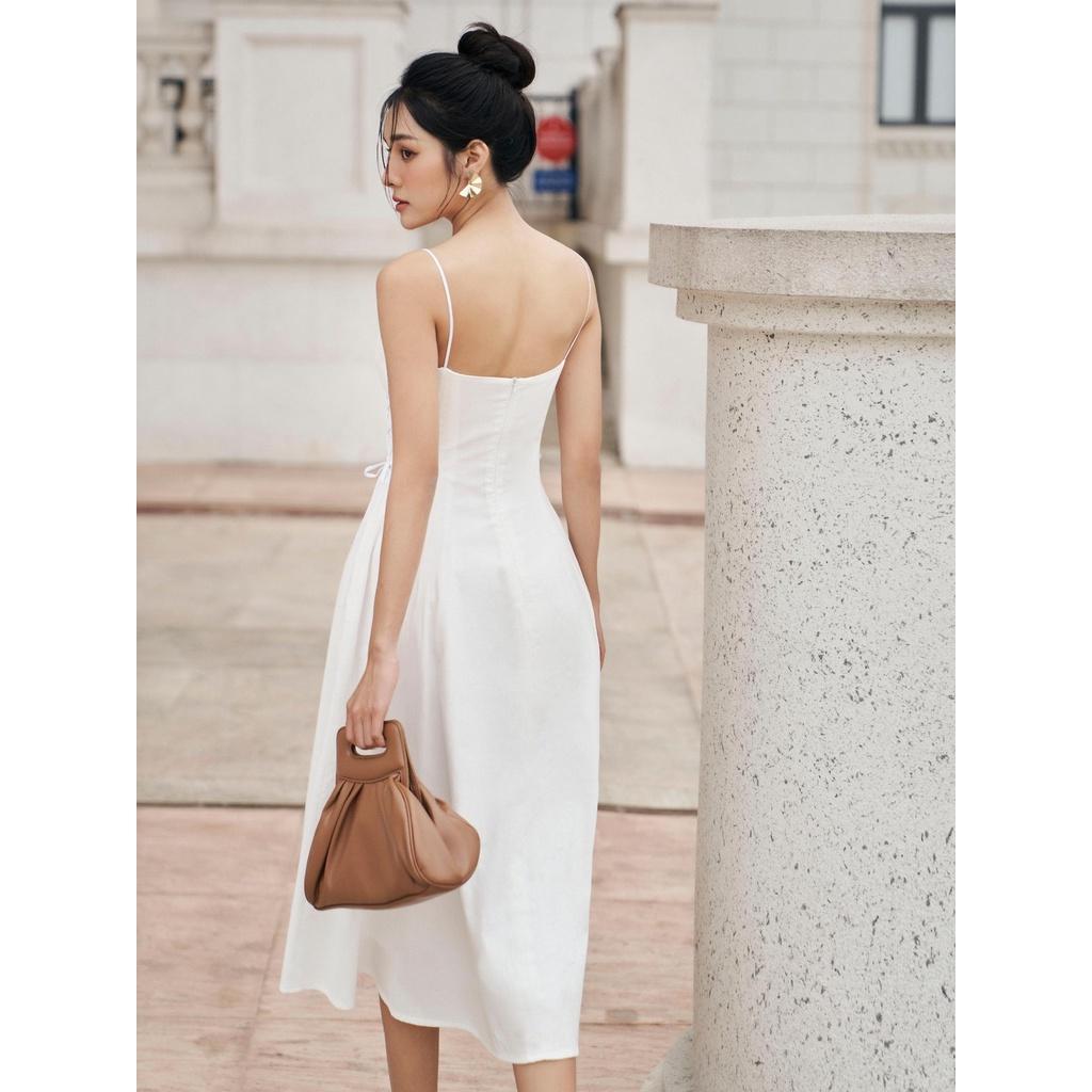 RECHIC Đầm dài Taylor chất linen kiểu hay dây có rút dây ở eo dịu dàng nữ tính phù hợp đi các buổi tiệc
